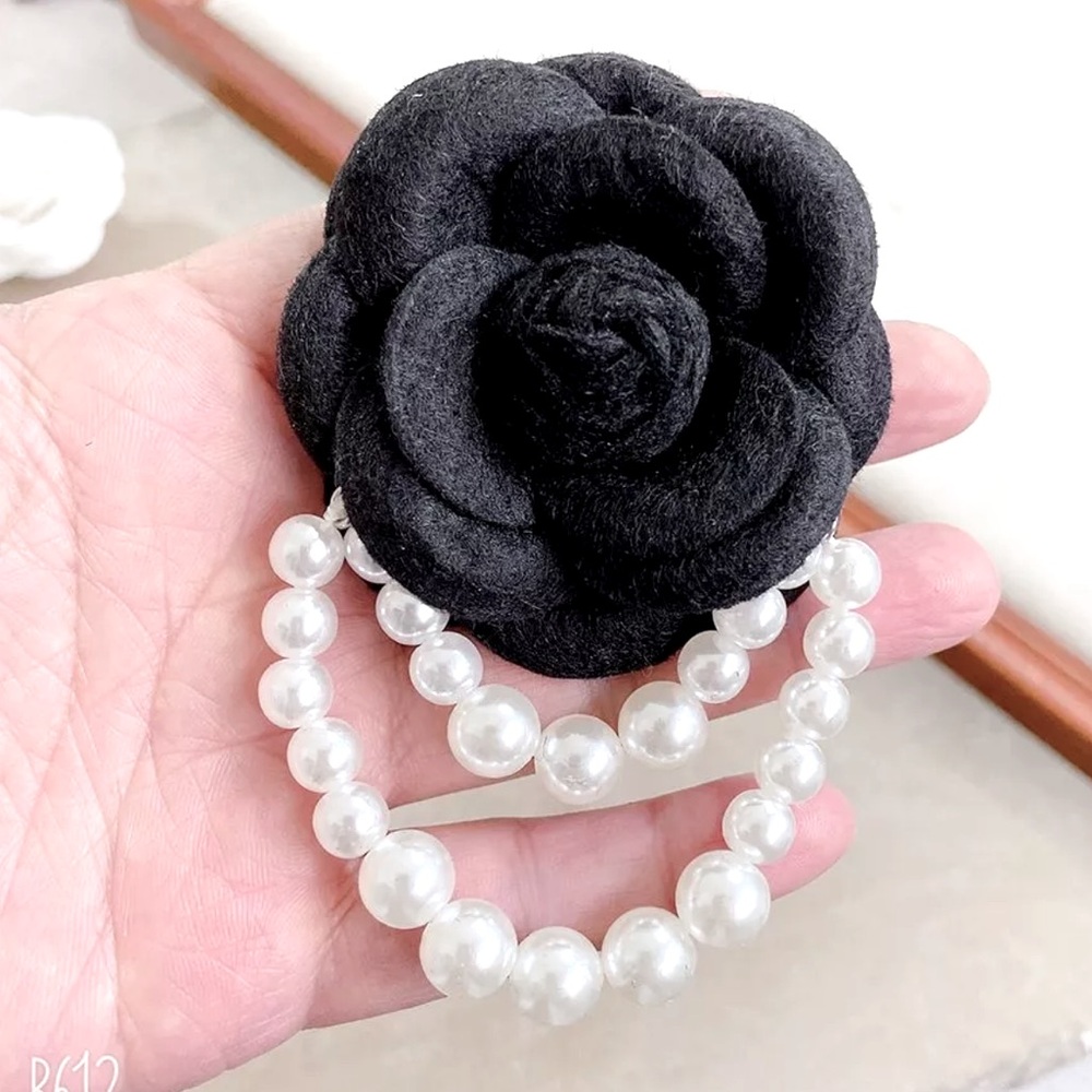 Camellia Flower Fabric, Faux Pearl Tassel Designer Inspired Brooch, Blazer Pin